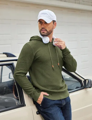 Vista 55 de COOFANDY Sudadera con capucha para hombre, casual, de manga larga, con cordón, de punto gofre, ajustada