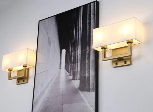 Vista 6 de PERMO Aplique de pared con acabado dorado antiguo, doble aplique con pantallas textiles blancas y botón de encendido y apagado para sala de estar