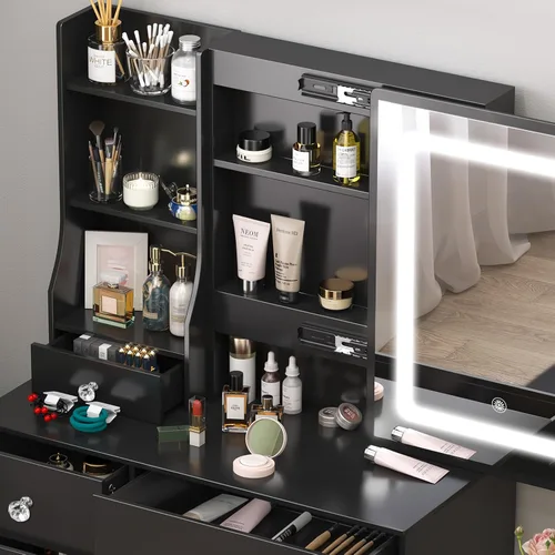Vista 4 de Escritorio negro con espejo iluminado LED de 10 bombillas, mesa de tocador de maquillaje con asas de cristal, 6 cajones y taburete, tocador