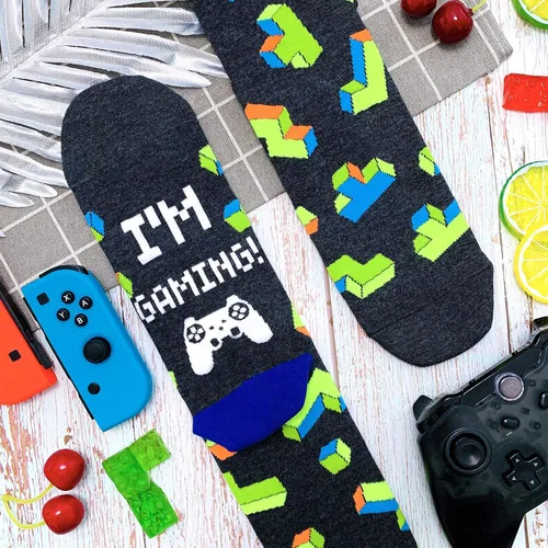 Vista 6 de Calcetines de juego para hombre, novedosos y divertidos, para la pantorrilla, color verde, regalo para jugadores, adolescentes, niños, hijos