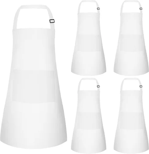 Vista 13 de Juego de 5 delantales para niños, delantal ajustable para niños con 2 bolsillos, delantal de chef para niños para pintar, cocinar, hornear, Negro