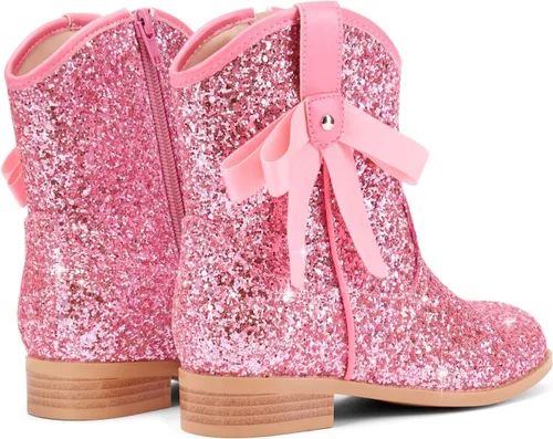 Vista 7 de Coutgo Botas vaqueras para niñas, botas de tacón bajo con purpurina, botas Rosa