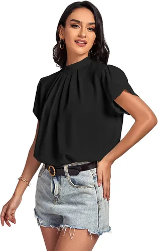 Vista 4 de LYANER Blusa básica plisada de manga corta con cuello alto falso para mujer