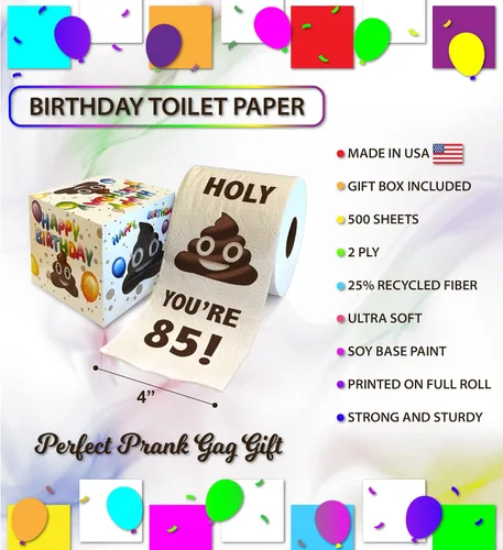 Vista 3 de Papel higiénico impreso TP Holy Poop You're 85 - Papel higiénico impreso con texto en inglés «Happy 85th Birthday» para la mejor broma, sorpresa