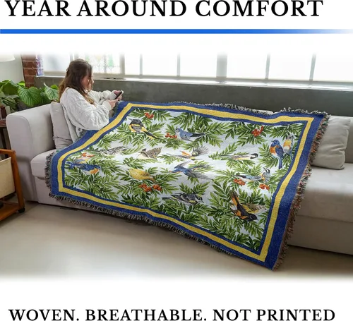 Vista 5 de Pure Country Weavers Manta de pájaros cantores por Elena Vladykina – Tapiz de regalo floral de jardín de pájaros, manta tejida de algodón, fabricada