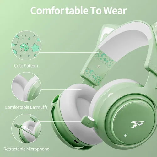 Vista 5 de Auriculares con orejas de gato, auriculares para juegos (inalámbricos, verde)