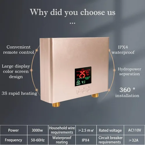 Vista 2 de Calentador de agua eléctrico sin tanque de 110 V 3000 W bajo fregadero bajo demanda calentador de agua caliente instantáneo para cocina baño lavado