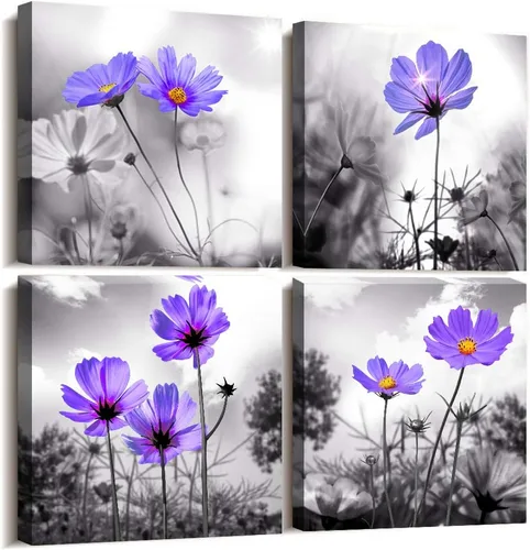 Vista 10 de Arte de pared para dormitorio, flor azul cian en blanco y negro, decoración de pared para decoración del hogar, pintura de arte de 12 x 12 pulgadas