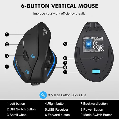 Vista 6 de Ratón ergonómico inalámbrico, mouse Bluetooth vertical con conexión de 3 dispositivos (Bluetooth 5.0 + 5.0 + USB) con 3 DPI 240016001000 ratones