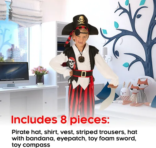 Vista 2 de Morph Disfraz de pirata para niños, disfraz de pirata para niños, disfraz de pirata para niños de 10 a 12 años, disfraz de pirata, talla 7-8, 4-6