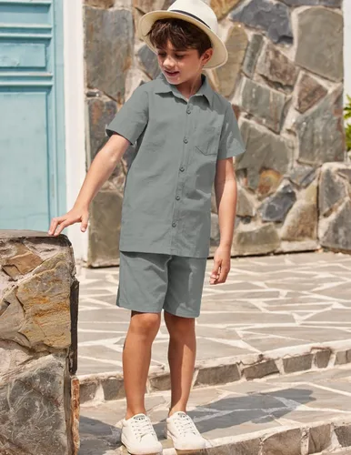 Vista 5 de COOFANDY Conjunto de 2 piezas de lino de manga corta con botones y pantalones cortos para niño