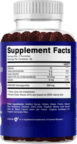 Vista 8 de Vitamatic KSM-66® Ashwagandha + D3 Gummies - Sabor natural de frambuesa azul - Sin azúcar, sin gluten, sin OMG - 60 gomitas