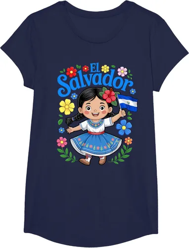 Vista 29 de Camiseta de estilo tradicional floral para niña con la bandera de El Salvador