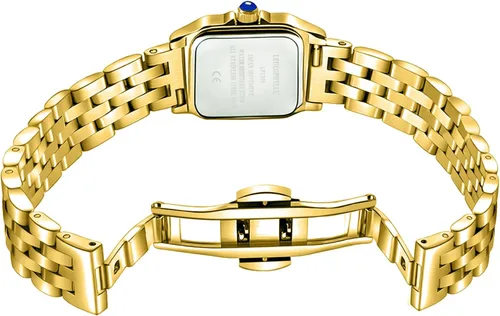 Vista 3 de Relojes pequeños de oro para mujer con funda rectangular vintage, esfera romana clásica, banda de acero inoxidable resistente al agua con cadena