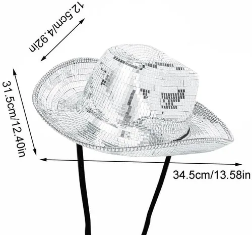Vista 2 de Sombrero de vaquero de bola de disco para hombres y mujeres, con purpurina brillante, color plateado, sombrero de vaquera con espejo