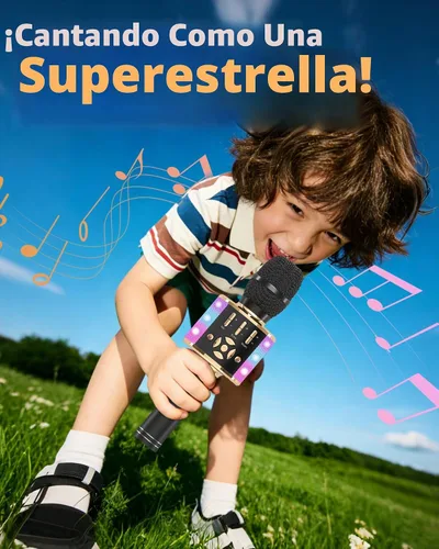 Vista 3 de Amazmic Máquina de Micrófono de Karaoke para Niños, Micrófono Bluetooth Portátil, Micrófono de Karaoke Inalámbrico de Mano con Luces LED, Regalo