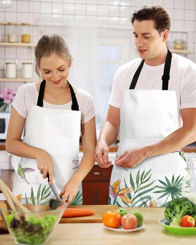 Vista 2 de Pastoral Botanical Bib Aprons with Pockets Waterproof, Adjustable Apron for Men Women Summer Tropical Palm Leaves Birds