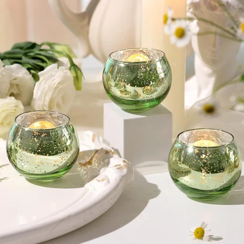 Vista 10 de Volens - Portavelas votivas redondas azules, juego de 12, decoraciones de mesa para centro de mesa de boda azul, portavelas de vidrio de mercurio