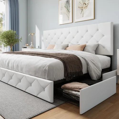 Vista 12 de WEEWAY Base de cama de plataforma de tamaño matrimonial con 4 cajones de almacenamiento, cabecera capitonada con botones de costura de diamante
