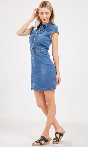 Vista 4 de chouyatou Vestido de mezclilla con solapa de 12 botón para mujer, con manga casquillo