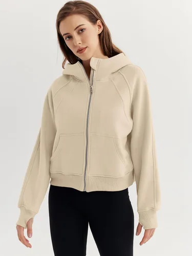 Vista 3 de WYNNQUE Sudaderas cortas con capucha y cremallera para mujer, sudadera con cremallera completa, suéter de invierno con bolsillo