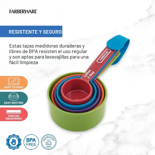 Vista 2 de FARBERWARE Juego de 5 tazas medidoras con cuchara para café, tazas medidoras anidables de plástico duraderas con marcas de fácil lectura, sin BPA