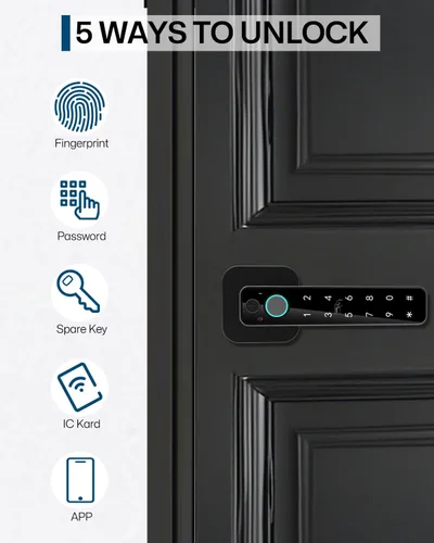 Vista 2 de Cerradura inteligente de huella dactilar 5 en 1, perilla digital de entrada sin llave, control de aplicación Bluetooth, tarjeta y llave, perilla