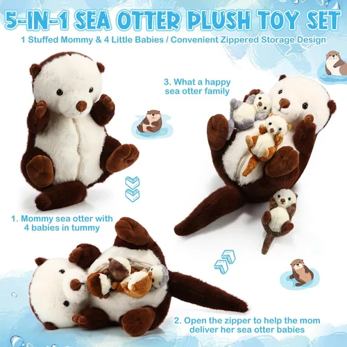 Vista 3 de Shappy 5 Piezas Animales de Peluche de Nutria Marina Grande Mamá Nutria Marina de Peluche con 4 Lindos Bebés en su Vientre con Cremallera Peluches