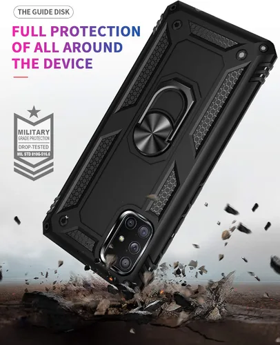 Vista 3 de Funda para Galaxy A71 5G, grado militar, resistente, de doble capa, cuerpo completo, a prueba de golpes, protección de cámara con anillo atril Negro