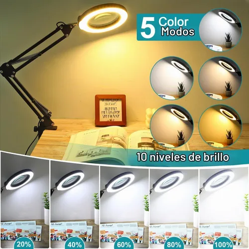 Vista 3 de Lámpara de lupa de 10 aumentos con luz y soporte, lámpara de escritorio y abrazadera 2 en 1, Seylae con 5 modos de color, lupa iluminada LED