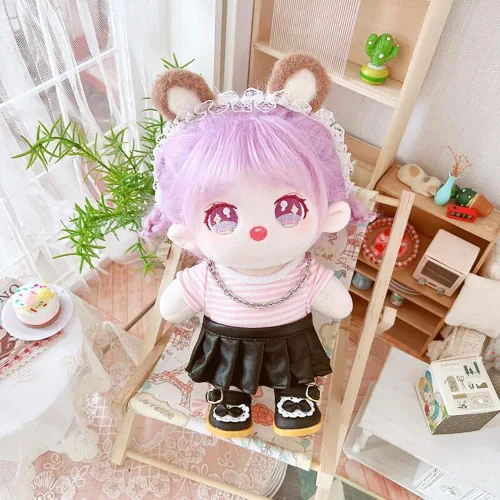 Vista 3 de niannyyhouse Muñeca de peluche de 7.9 in, chaqueta de piel, falda a rayas, camiseta de 8 pulgadas, ropa de muñeca de peluche (A-Girl)