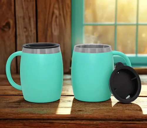 Vista 3 de Juego de 2 tazas de café aisladas de acero inoxidable (14 onzas) de doble pared con tapa y asa resistentes a derrames, tazas inastillables