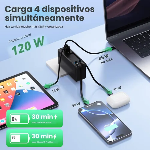 Vista 6 de Bloque de cargador USB C de 120W con 2 cables retráctiles integrados, cargador GaN IV 4 en 1 de carga rápida con enchufe plegable, cargador