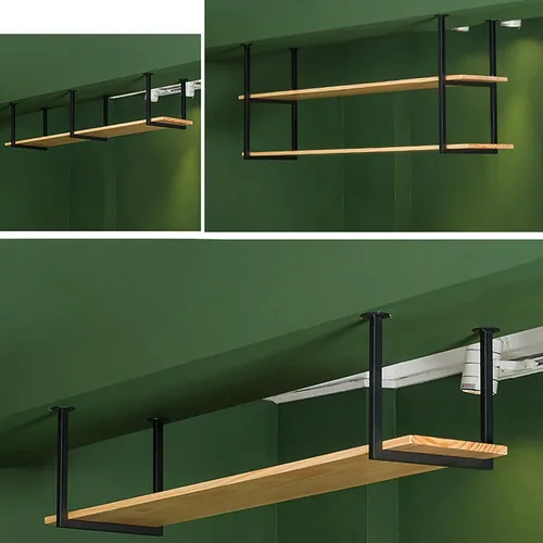 Vista 7 de Shelves Whftd Hanging Floating Shelf - 2 Tier Solid Wood Ceiling Shelf Wrought Iron Plant Rack, Hanging Storage Rack for Restaurant and Bar - Length