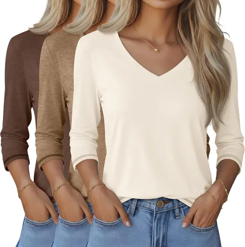 Vista 34 de Ficerd Paquete de 3 camisetas de manga 3/4 para mujer, cuello en V, blusas holgadas, blusas casuales, ropa de moda 2026