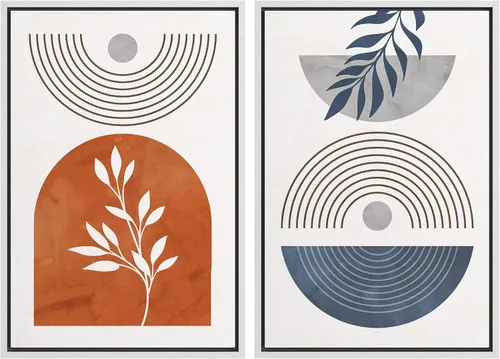 Vista 32 de SIGNFORD Lienzo enmarcado para pared, juego de arte geométrico retro de mediados de siglo, plantas forestales, ilustraciones con formas abstractas