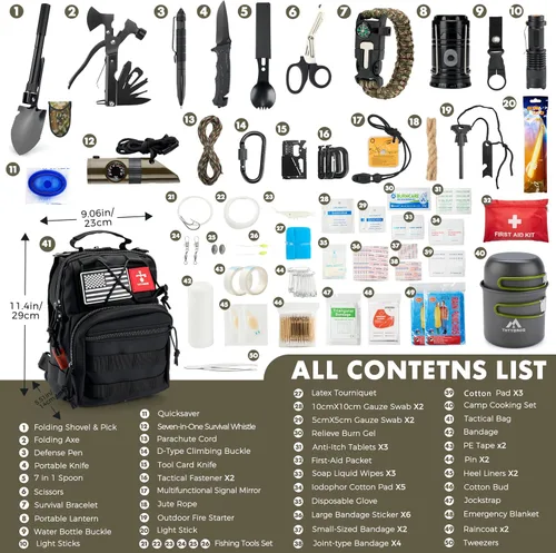 Vista 2 de Survival Kit, 246Pcs Emergency Survival Gear with First Aid Kit, Tactical Bag, Camping Axe, Folding Shovel & Solo Camping Pot, Bug Out Bag for