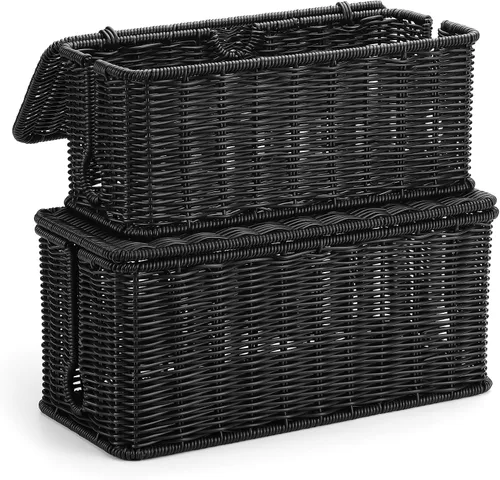 Vista 6 de Caja grande de organización de cables, organizador de cables de ratán de imitación tejida a mano, caja de gestión de cables de escritorio