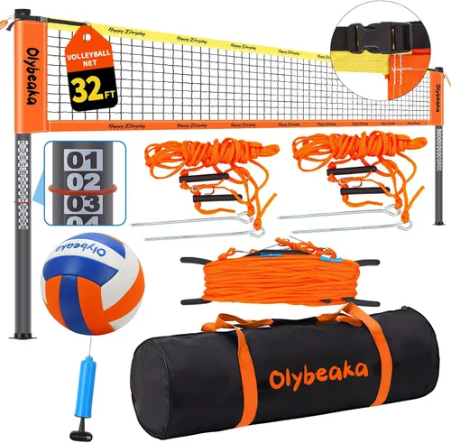 Vista 10 de 32FT Outdoor Volleyball Net Set, Regulation Size Portable Volleyball System with 1.25" Adjustable Steel Poles, 28-Ply Anti-Sag PE Net, Ball, Pump