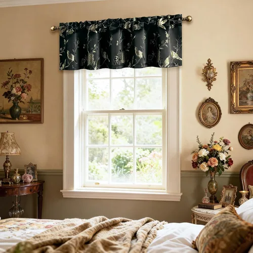 Vista 3 de VOGOL Cortinas de cenefa de jacquard dorado con diseño de flores de lujo para dormitorio, sala de estar, comedor, 52 x 14 pulgadas, 1 panel, negro