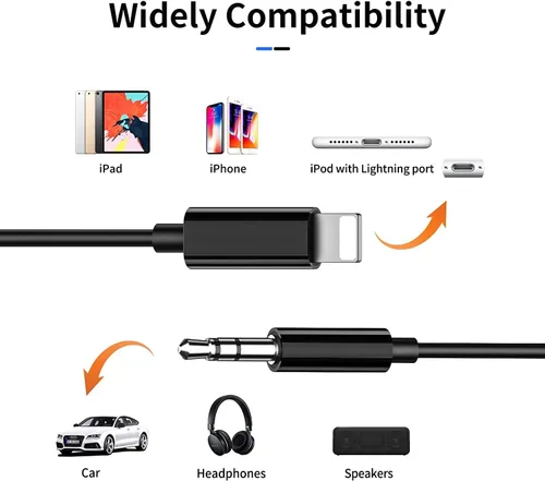Vista 2 de Cable auxiliar para iPhone (certificado MFi de Apple), cable de audio Lightning a 1/8 pulgadas, 3.3 pies, adaptador de conector de auriculares