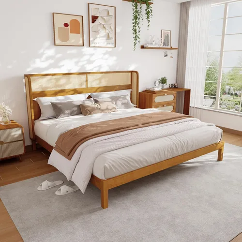 Vista 29 de JIVOIT Cama de plataforma de tamaño King con cabecera de 46.5 pulgadas de alto, marco de plataforma de madera de bambú maciza con listones de madera