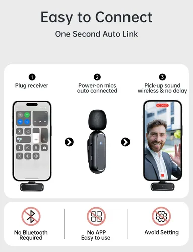 Vista 6 de Micrófono inalámbrico Lavalier para iPhone iPad con estuche de carga 7H Clip en el micrófono de solapa inalámbrico, paquete de 2 micrófonos