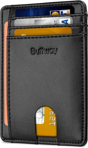 Vista 19 de Buffway - Carteras de cuero delgadas minimalistas con bolsillo frontal y bloqueo RFID para hombres y mujeres, negro (Alaska Black), Minimalista