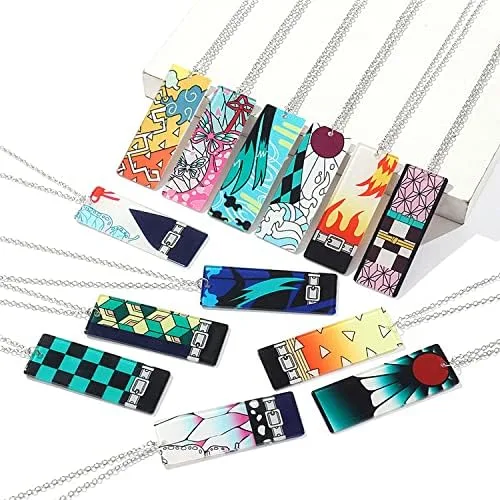 Vista 5 de Ucilon Juego de 9 collares de Demon Slayer de anime, Tanjiro para hombres y niños, Kimetsu No Yaiba Hanafuda, collar de anime para mujeres y niñas