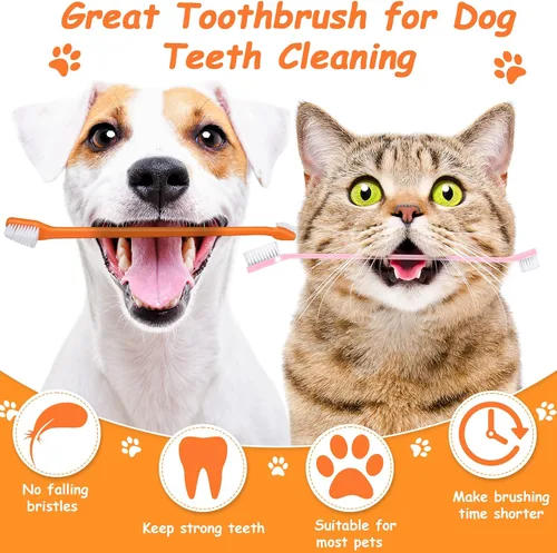 Vista 5 de Honeydak Cepillo de dientes para perros, cepillos dentales de doble cabeza, kit de cepillado de dientes para perros, cepillo de dientes de mango