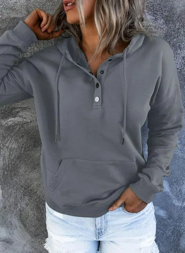 Vista 2 de SHEWIN - Sudadera casual con capucha de manga larga, con botones y cordón para mujer, holgada y con bolsillo