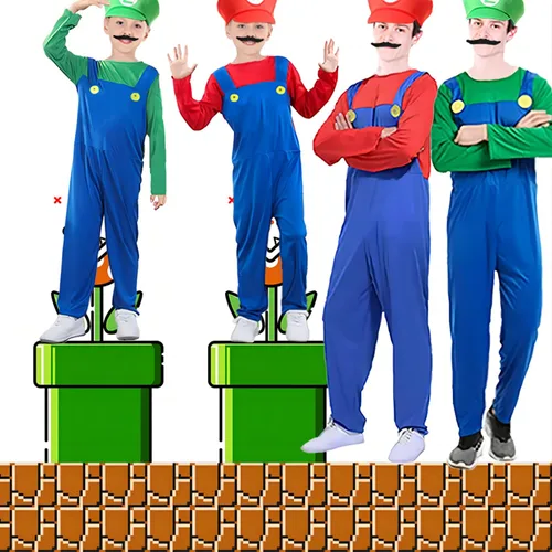 Vista 7 de PUVKVE Disfraz de Super Brothers, disfraz de Halloween para adultos, niños, fontanero, cosplay, overoles con accesorio