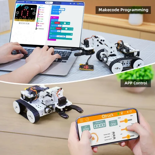 Vista 2 de Qtruck - Robot inteligente 4 en 1 para programación Micro:bit V2, proyecto STEM, kit de robot educativo, auto tanque rastreado para principiantes