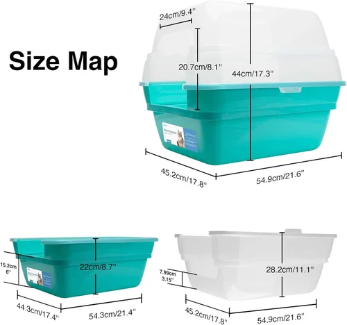 Vista 2 de Caja de arena para gatos Petfamily, caja de arena grande plegable jumbo con techo y tapa transparente (Azul verdoso)